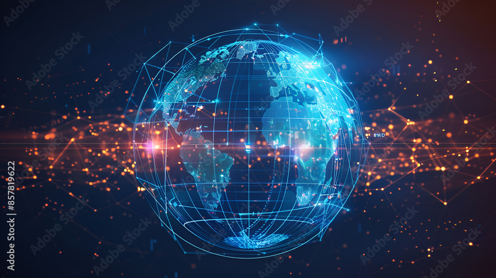 Poster digital world globe centered on america, concept of global network and connectivity on earth, data t