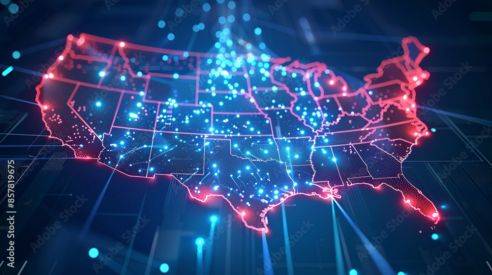 Poster digital map of usa, concept of american global network and connectivity, data transfer and cyber tec