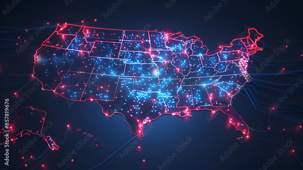 Poster Digital map of USA, concept of American global network and connectivity, data transfer and cyber technology, electronic vote, information exchange and telecommunication