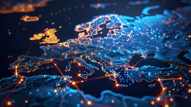 Digital map of Western Europe, concept of European Union network and connectivity, data transfer and cyber technology, business and information exchange and telecommunication