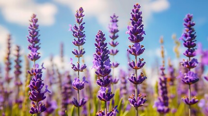 Naklejka premium Lavender purple flowers close up on sky background summer field