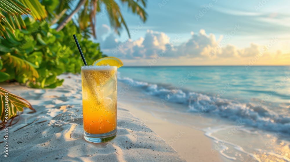 Wall mural cocktail with a straw on the bar counter. beach with white sand and palm trees