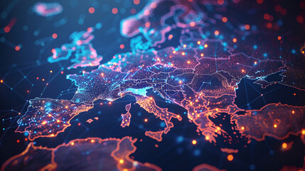 Abstract digital map of Western Europe, North Africa and Middle East, concept of world network and connectivity, business data transfer and cyber technology, information exchange and te