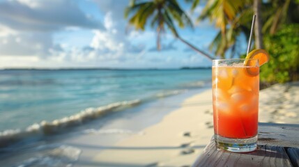 cocktail with a straw on the bar counter. beach with white sand and palm trees