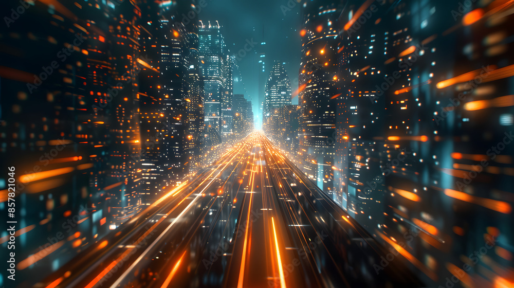 Poster Abstract background of high speed global data transfer and super fast broadband in futuristic tech city at night