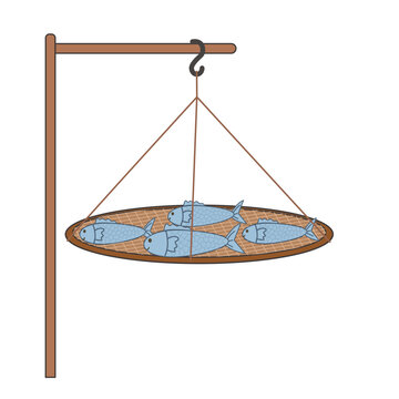 Cartoon image of dried fish in a round container woven from bamboo called Kradong on a clearly separated white background. It is a food storage method that can be used with many types of food.