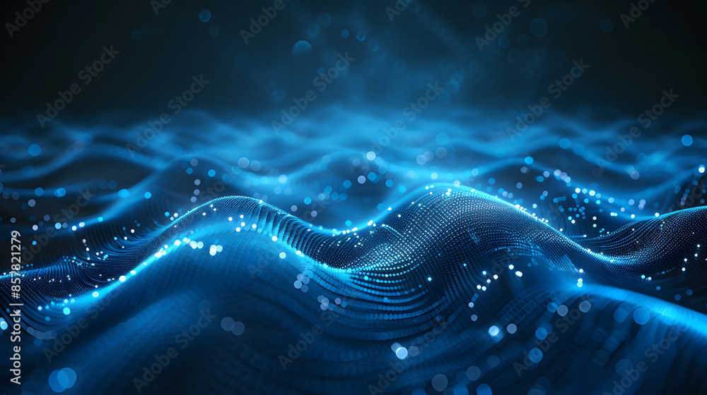 Aufkleber Abstract dark blue tech background with digital waves and artificial neural connections, quantum computing network system and electronic global intelligence