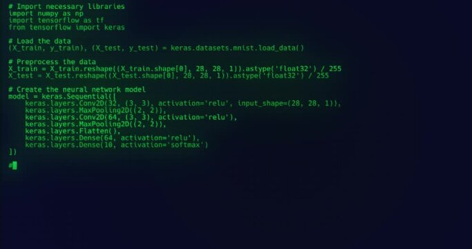 3D animation showing lines of code being typed on the screen. The code is related to setting up and training a neural network model using TensorFlow and Keras libraries. The text appears line by line