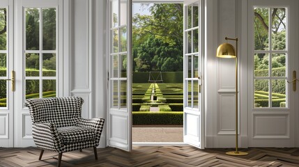 Fototapeta premium A stylish living room with a houndstooth armchair, a brass floor lamp, and a set of French doors leading to a manicured garden maze