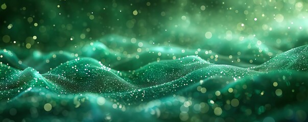 Abstract green waves with sparkling particles creating a surreal underwater or outer space atmosphere.