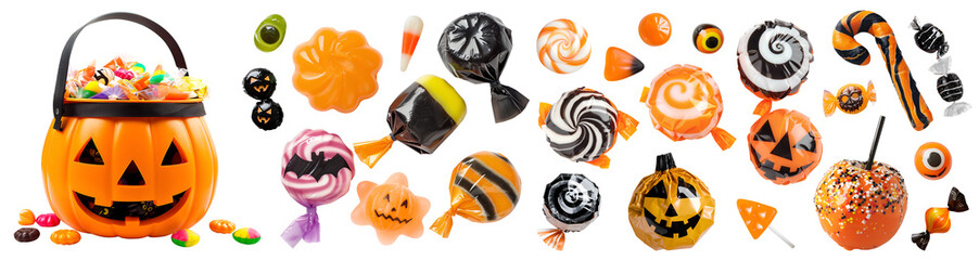 Set of Jack O Lantern Halloween bucket and individual sweet candy chocolate gummy lollipop candy cane on transparent cutout. PNG file. Many different design. Mockup template for artwork design © Sandra Chia