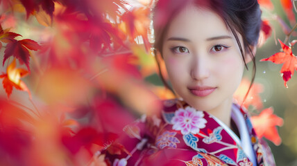 紅葉を背景にした着物姿の美しい若い日本人女性