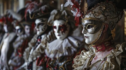 A historical masquerade ball, with people adorned in elaborate costumes and masks, creating a scene of mystery and elegance