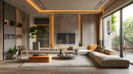 The interior of a living room designed with a Japandi style emphasizes simplicity, natural elements, and minimalism