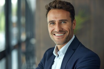 Charming businessman exuding approachable charisma with a slight, endearing smile.