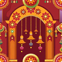Seamless pattern of intricately designed torans (door hangings) adorned with bells, beads, and mirrors, Generative AI