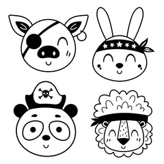 Obraz premium Black and white pirate clipart. Pirate animal faces clipart. Pirate animal head clip art in cartoon flat style. Hand drawn vector illustration.