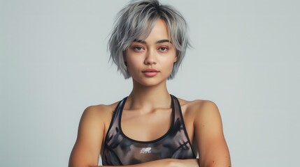 Naklejka premium Woman With Short Grey Hair In Studio