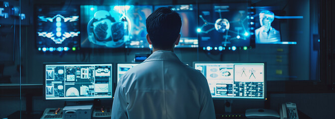 Scientist Analyzing Data on Multiple Screens. A back view of a scientist in a lab coat intensely analyzing data on multiple high-tech screens. 