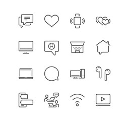 Set of social networks related icons, profile page, communication, rating, feedback, message, information, media and linear variety vectors.
