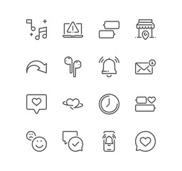 Set of social networks related icons, profile page, communication, rating, feedback, message, information, media and linear variety vectors.
