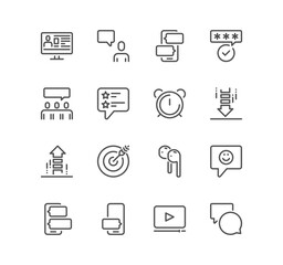 Set of social networks related icons, profile page, communication, rating, feedback, message, information, media and linear variety vectors.
