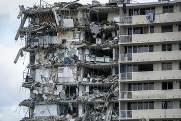 Fototapeta premium Image showing the aftermath of a partial collapse in a residential building. The destruction highlights the chaotic and severe structural damage.
