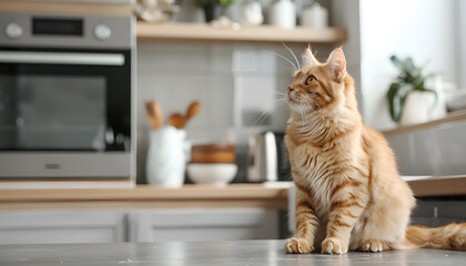 Cute ginger cat near feeding bowl in kitchen. Space for text