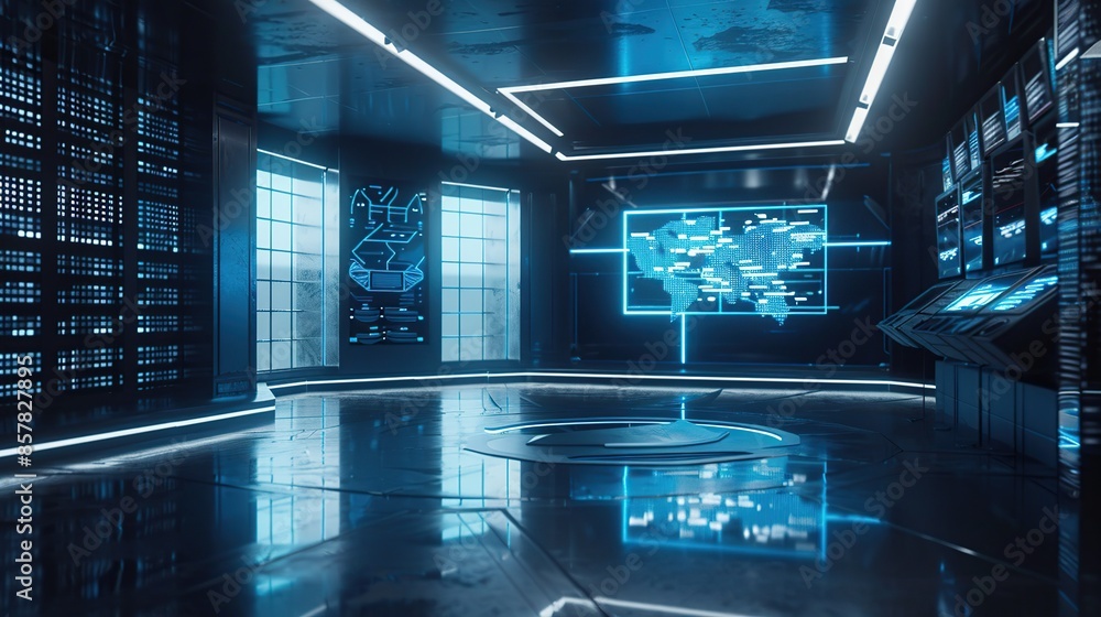 Poster futuristic room with a large screen displaying a map of the world. the room is filled with blue ligh