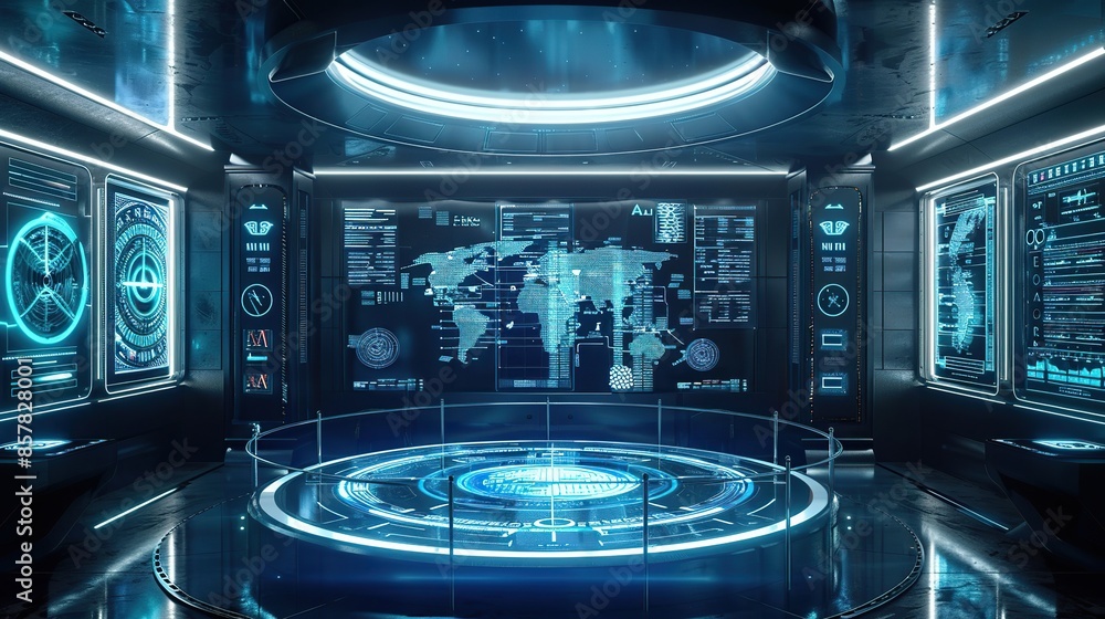 Aufkleber futuristic room with a large screen displaying a map of the world. the room is filled with blue ligh