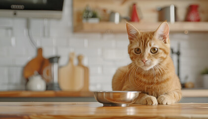 Cute ginger cat near feeding bowl in kitchen. Space for text