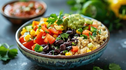 Nutritious and Flavorful Quinoa and Black Bean Bowl with Diced Vegetables and Fresh Cilantro   A Healthy Plant Based Meal Bursting with Vibrant Colors and Wholesome Ingredients