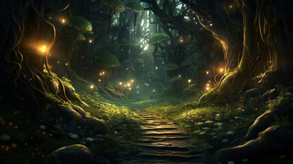 magical enchanted woodland with fireflies and flowers