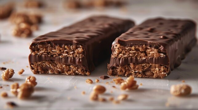 Close up view of a protein granola bar broken in half exposing the delicious interior texture and ingredients  The tempting snack offers a balance of nutrition and indulgence perfect for a healthy