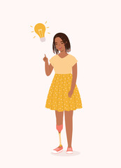 One Smiling Black Little Girl With Prosthetic Leg Thinking With One Finger Pointing Up A Yellow Light Bulb.