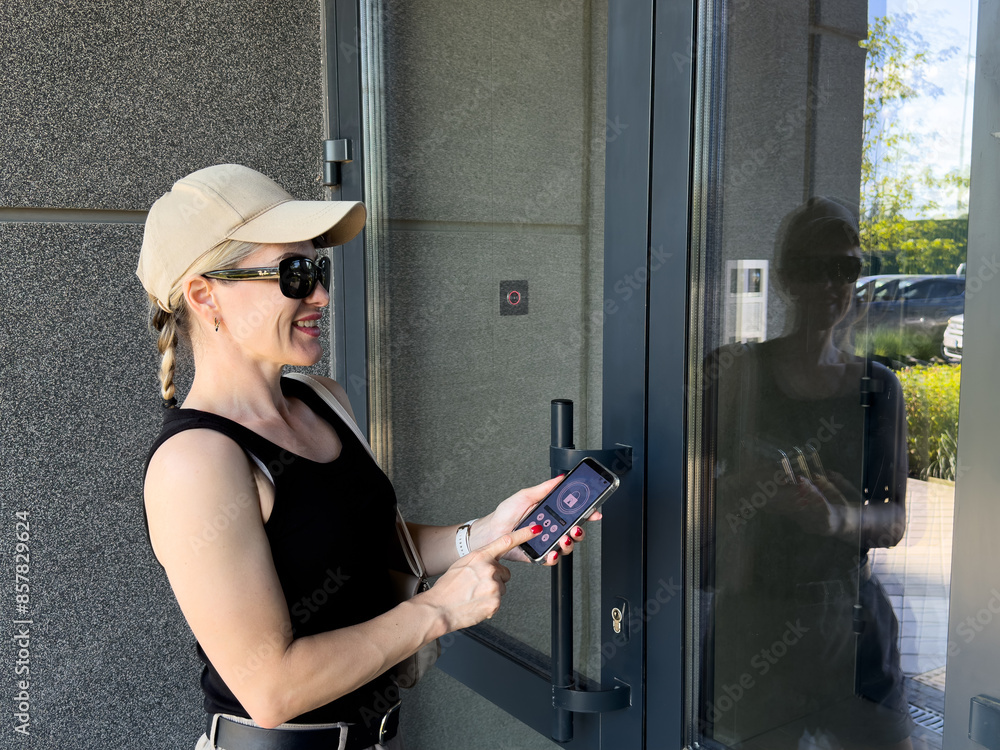 Poster woman locking smartlock on the entrance door using a smart phone. concept of using smart electronic 