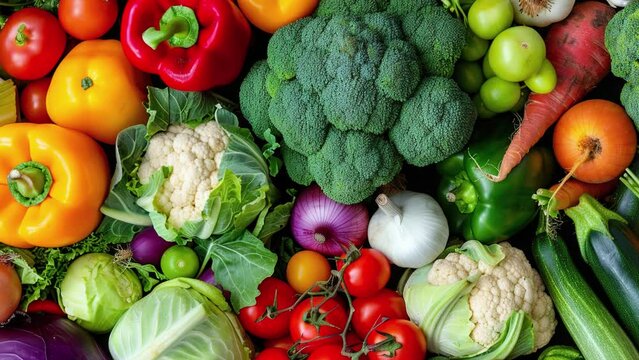 Healthy food concept. Top view fresh organic fruits and vegetables. Balanced diet food background. Healthy eating. Horizontal video healthy foods. Colorful bunch of fresh vegetables and fruits. 4k