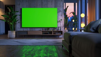 Stylish Loft Apartment Interior with TV Set with Green Screen Mock Up Display Standing on Television Stand. Empty Cozy Living Room of Spacious Flat with Chroma Key Placeholder on Monitor.