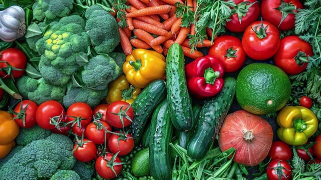 Healthy food concept. Top view fresh organic fruits and vegetables. Balanced diet food background. Healthy eating. Horizontal video healthy foods. Colorful bunch of fresh vegetables and fruits. 4k