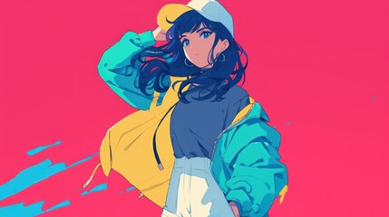 Anime Girl in Yellow and Blue Jacket