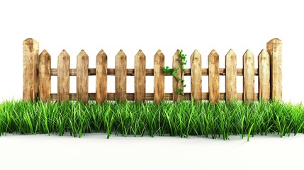 Obraz premium Old wooden fence and lush green grass isolated on background