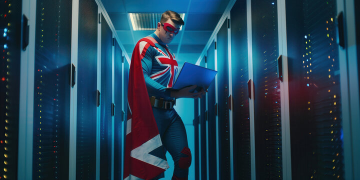 An IT superhero dressed in a Union Jack outfit works to save the day - Powered by Adobe