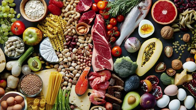 The concept of healthy eating with fresh fruits and vegetables. Balanced nutrition. Healthy nutrition. Proper nutrition. Healthy eating. Balanced food background. Fruits and Vegetables. Healthy Food. 