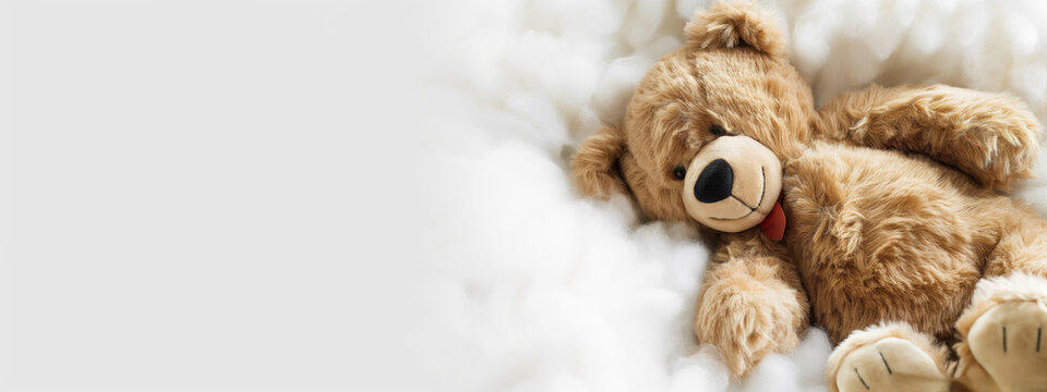 Cute Fluffy Teddy Bear Lying on Soft White Blanket. National Teddy Bear Day, Teddy Bear Picnic Day, World Kindness Day Celebration.