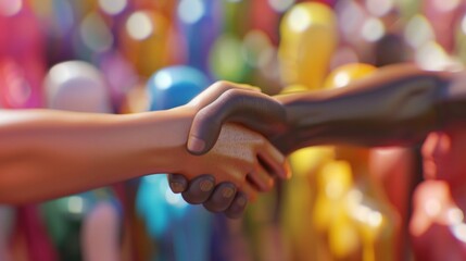 A hand shake between two people in a crowd of people. Concept of unity and togetherness