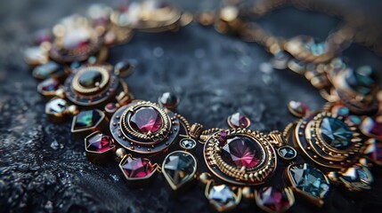 Fototapeta premium Antique Necklace: An antique necklace adorned with precious stones carries the marks of years of wear, telling a captivating story