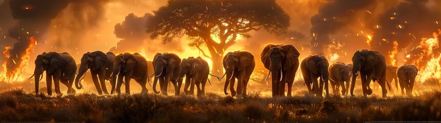 Fototapeta premium A herd of elephants in the savannah, a burning tree behind them, cinematic, in the style of a movie poster, epic, in the style of fantasy.
