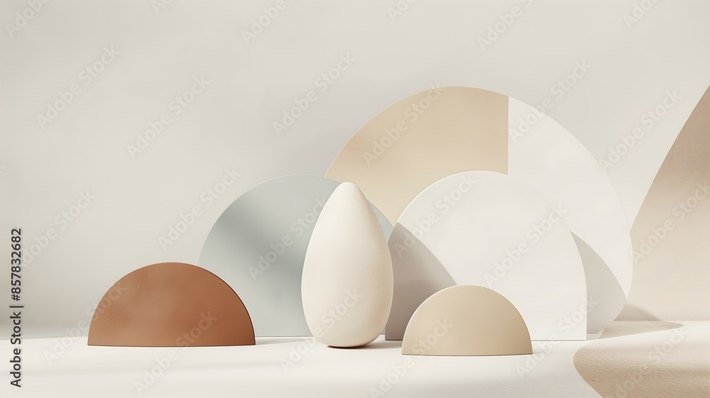 Poster 3. design a minimalist illustration featuring overlapping, rounded shapes in muted tones, creating a