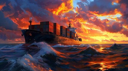 Fototapeta premium A cargo ship with containers sailing in the ocean, surrounded by waves and dramatic clouds, in the style of illustration, red sky with sun setting behind it