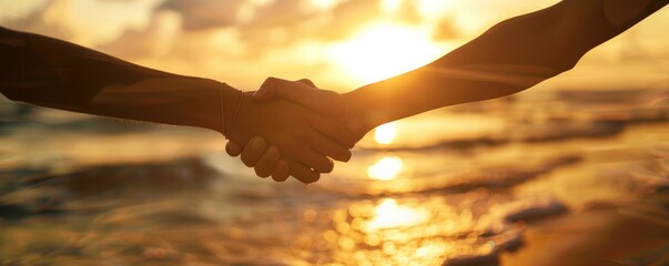 Two hands shaking in the sun on a beach. Concept of warmth and friendship
